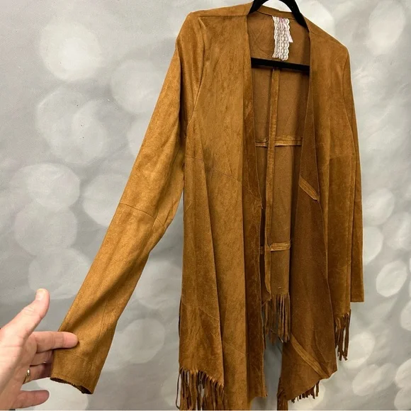 Mauve brown faux suede fringe tasseled open‎ long sleeve cardigan jacket size M - Picture 3 of 8